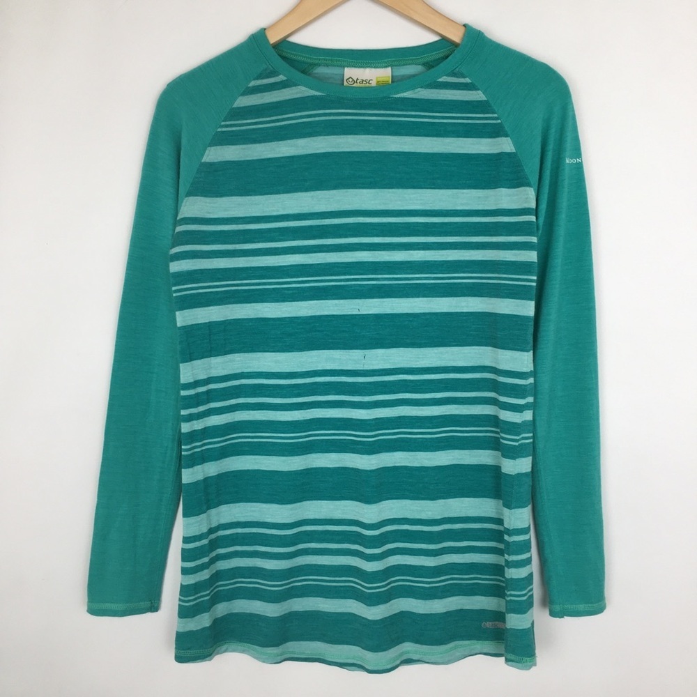 Tasc Performance Bamboo Viscose Merino Wool Base Layer Shirt Green Stripes Sz S